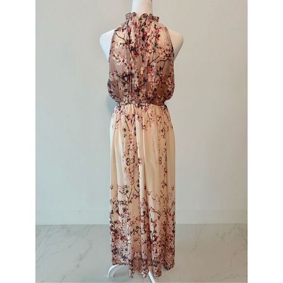 New Chiffon Elegant Floral Print Sleeveless Ruffle Beach Double Split Maxi Dress - Picture 6 of 9